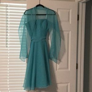 Teal strapless formal dress with belt and shawl